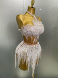 Sexy Pearl Sequins Tassel Sleeveless Glitter Mini Dress Women Singer Bar Nightclub Stage Performance Clothing Show Outfit