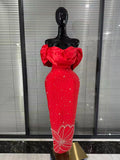 Red Color Women Sexy Off the Shoulder Beading Bodycon Long Bandage Dress Celebrate Fashion Evening Party Wedding Outfit