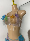 Women Glitter Crop Top Floral Mesh See Through Sets Nightclub Performance Outfit Two Pieces Party Birthday Clothing