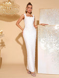 Women'S Luxury Pearl Bead Tight Bandage Long Dress Sexy Square Neck Sleeveless Elegant Evening Wedding Banquet Party Gown