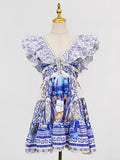 Fashionable Retro Printed Short Dresses for Women Deep Neck Ruffles Sleeve High Waist Patchwork Puff Dress Female Clothing