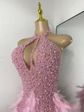 Women Sexy Halter Beading Feather Tight Bodysuit Nightclub Performance Leotard Luxury Party Celebrate Stage Wear