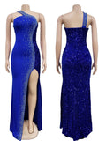 Women's Sexy One Shoulder Elegant Rhinestone Birthday Maxi Split Dress Sparkly Hot Drilling Bodycon Party Night Clubwear