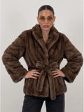 Multi Color Faux Fur Wide Lapel Belted Wrap Jacket Trendy Luxury Long Sleeve Soft Plush Winter Party Daily Office Outerwear 2026