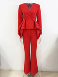 Red V-Neck Irregular High Waisted Blazer Suit Jacket High Waisted Long Pants Set Formal Women'S Two-Piece Set