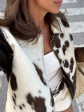 Cow Print Short Slimming Coat for Women Lapel Long Sleeve Patchwork Single Breasted Street Jacket Female Autumn New