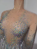 Sexy Sparkly Rhinestone Tassel Long Sleeves Mesh See Through Mini Dress 2026 Women Latin Dance Nightclub Party Club Stage Wear