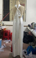 Elegant Solid Ribbon Women Halter Dress Off Shoulder Pearl Chain Backless Slim Female Maxi Dresses Wedding Gowns Chic Lady Robe