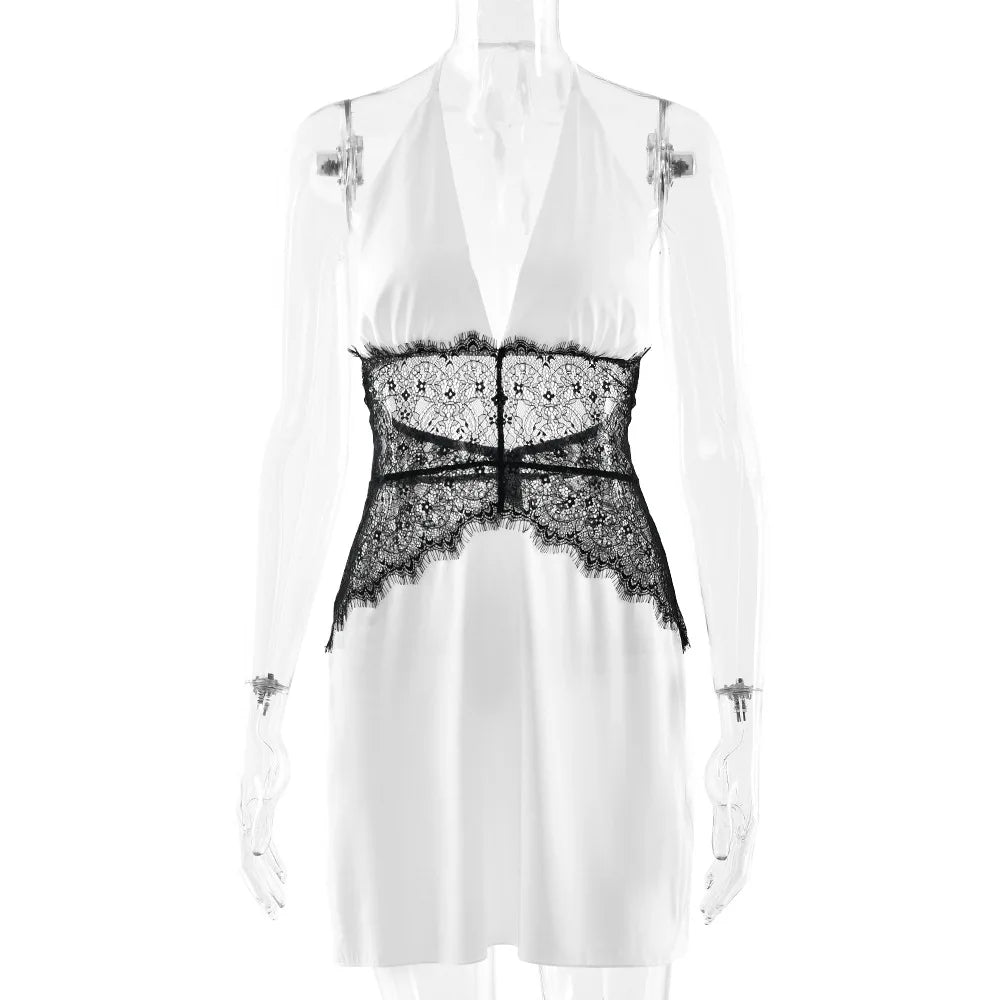Sexy Halter Spliced Lace Hollow Dress for Women V Neck Tunic Backless Sexy Hot Girl Hit Color Mini Dresses Female