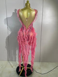 Sexy Mesh Ruffle See-Through Pink Mini Dress Women Sparkly Rhinestone Evening Gown Show Girl Night Club Star Performance Costume
