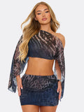 Y2K 2 Piece Set Women Tiger Str Slanted Shoulder Split Sleeve Mesh Crop Tops+Peach Hip Skirts Matching Street Outfits
