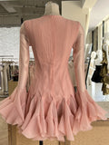 Elegant Design Flower Bud Buckle Long Sleeved Solid Color Slim Fit Short Dress For Women 2024 Spring Summer New Collection