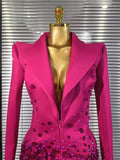 Handmake Women Long Sleeve Golden Beading Deep V-Neck Bodycon Mini Dress Celebrate Birthday Photo Shoot Performance Costume