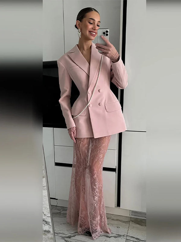Elegant Blazer Skirt Sets Women Double Breasted Slim Notched Jacket Lace See Through Trousers Suits  Autumn Party Gown Set
