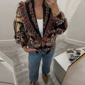 Women's Shawl Collar Fringe Knitted Cardigan Self Fabric Belt Waist Ethnic Print Loose Long Sleeve Mid Length Coat Autumn Casual