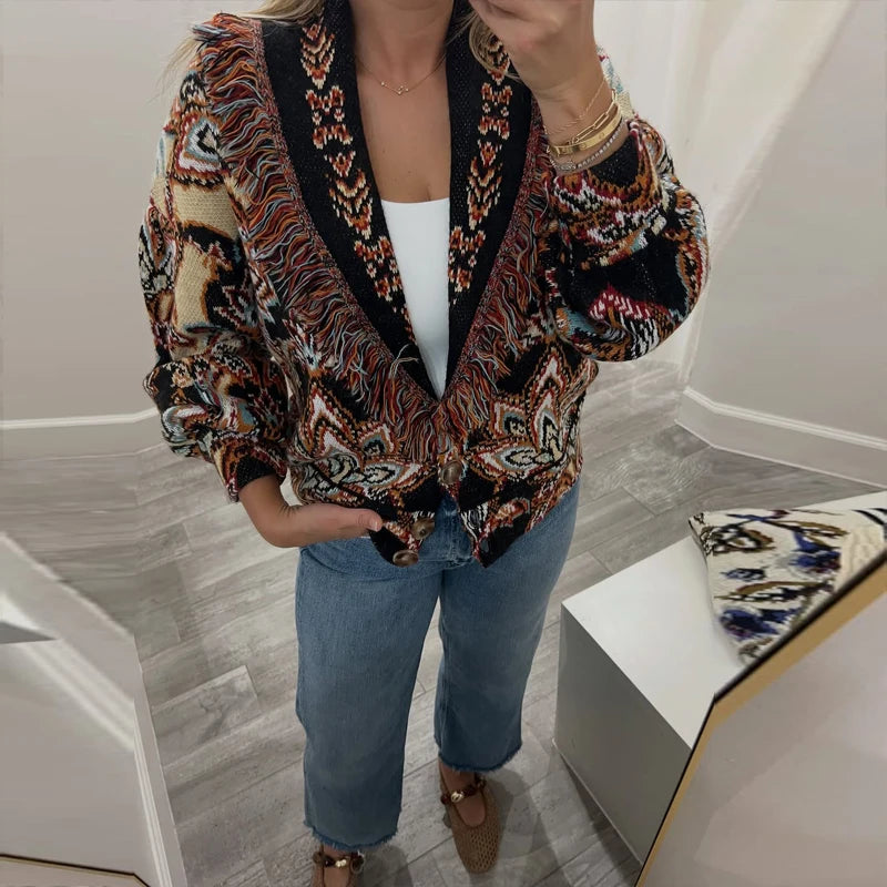 Women's Shawl Collar Fringe Knitted Cardigan Self Fabric Belt Waist Ethnic Print Loose Long Sleeve Mid Length Coat Autumn Casual
