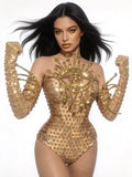 Sexy Sparkly Golden Rhinestones Eyes Stretch Bodysuit Women Eveing Birthday Party Nightclub Bar Singer Dancer DJ Stage Costume