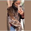 Women's Brown Faux Fur Cropped Jacket Fashion Stand Collar Single Breasted Pocket Casual Coat Lady 2026 Spring Chic Outerwear