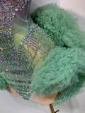 Women Sexy Strapless Backless Green Diamonds Mesh Dress Birthday Party Costume Bar Nightclub Singer Stage Performance Outfit