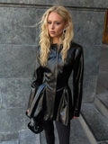 Women Black Waist Cinched Leather Jacket With Unique Stand Up Collar Pleated Trumpet Hem Coat Lady Autumn Street Outerwears 2026