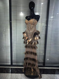 Luxury Women Sexy Sparkly Crystals Sequined Strapless Bodycon Floor Length Birthday Dress Performance Costume Stage Wear