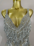 Luxury Sparkly Rhinestone Sequins Tassel Mesh Bodysuits Women Celebrate Eveing Birthday Party Nightclub Bar Dencer Stage Costume