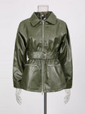 Simpel Basics Patchwork Belt Leather Jacekt for Women Lapel Long Sleeve Spliced Zippers Casual Office Coats Female