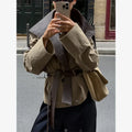 Grey Contrast Cropped Trench Coat Women Lapel Double Breasted Jacket Lady Autumn Winter Daily Lady Streetwear Outerwear 2026 New