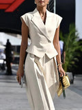 Office Spliced Folds Two Piece Set for Women Lapel Sleeveless Top High Waist Wide Pant Minimalist Suit Female New