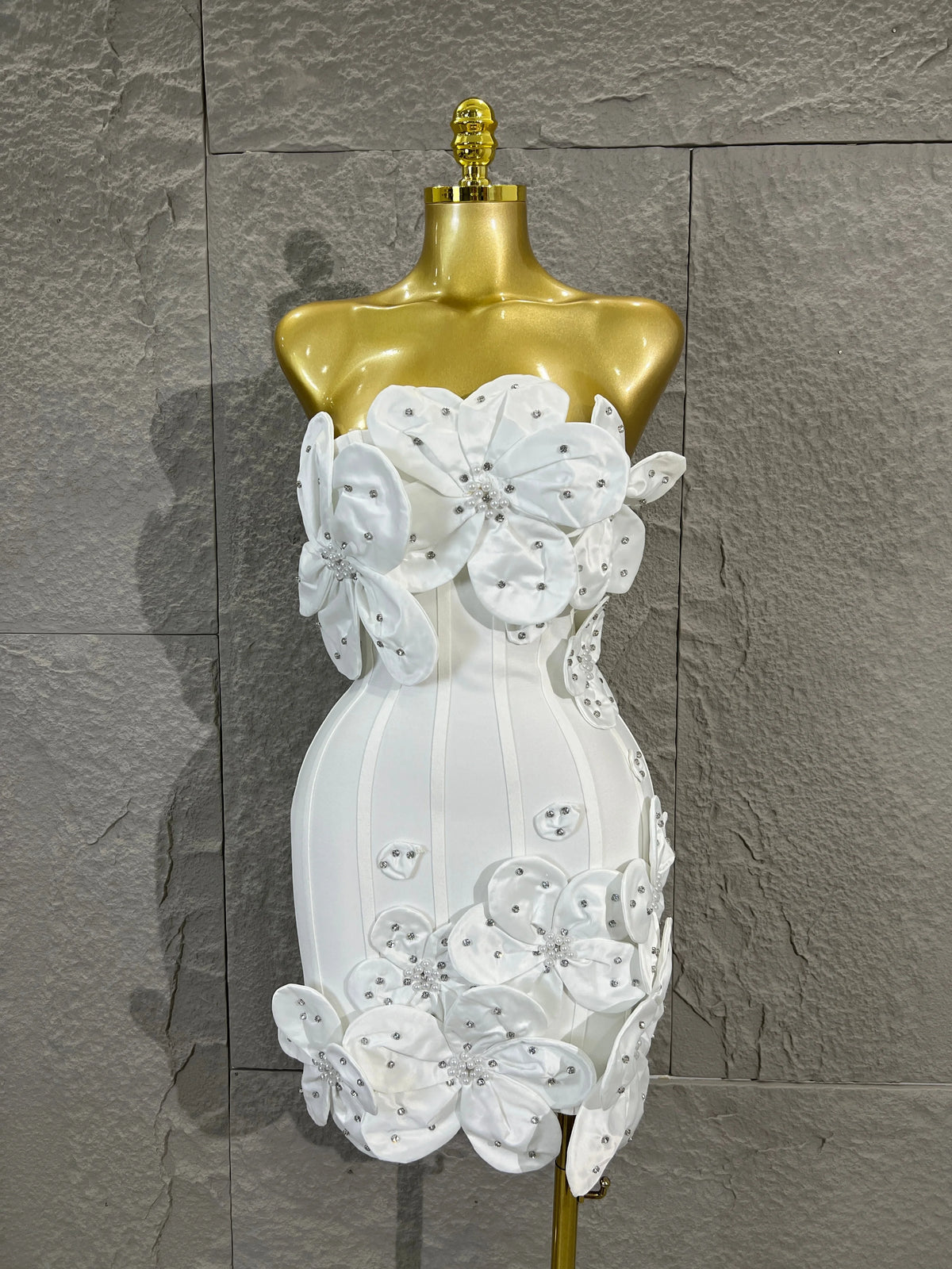 Strapless 3D Handmade Flower RhinestoneBandage Mini Dress Women Sky CorsetBodycon Short Cocktail Party Evening Dress