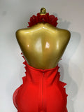 Women Sexy Backless Red Ruffled Flower Maxi Long Bodycon Bandage Dress Celebrity Elegant Evening Party Nightclub Birthday Dress