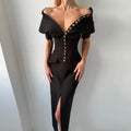 Elegant Solid Buttons Long Dress Women Waist Cinched Shoulder Pads High Collar Slit Dresses 2026 Spring Summer Lady Party Robes