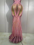 2026 Sexy Sparkly Pink Rhinetones Sequins Strapless Mesh Sheer Long Dress Birthday Evening Celebrate Party Nightclub Stage Wear
