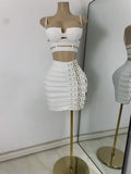 White Two Pieces Dress Set Women Sexy Square Collar Sleeveless Design Crop Top Short Skirt Suit Nightclub Birthday Clothing