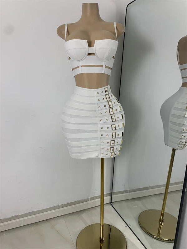 White Two Pieces Dress Set Women Sexy Square Collar Sleeveless Design Crop Top Short Skirt Suit Nightclub Birthday Clothing