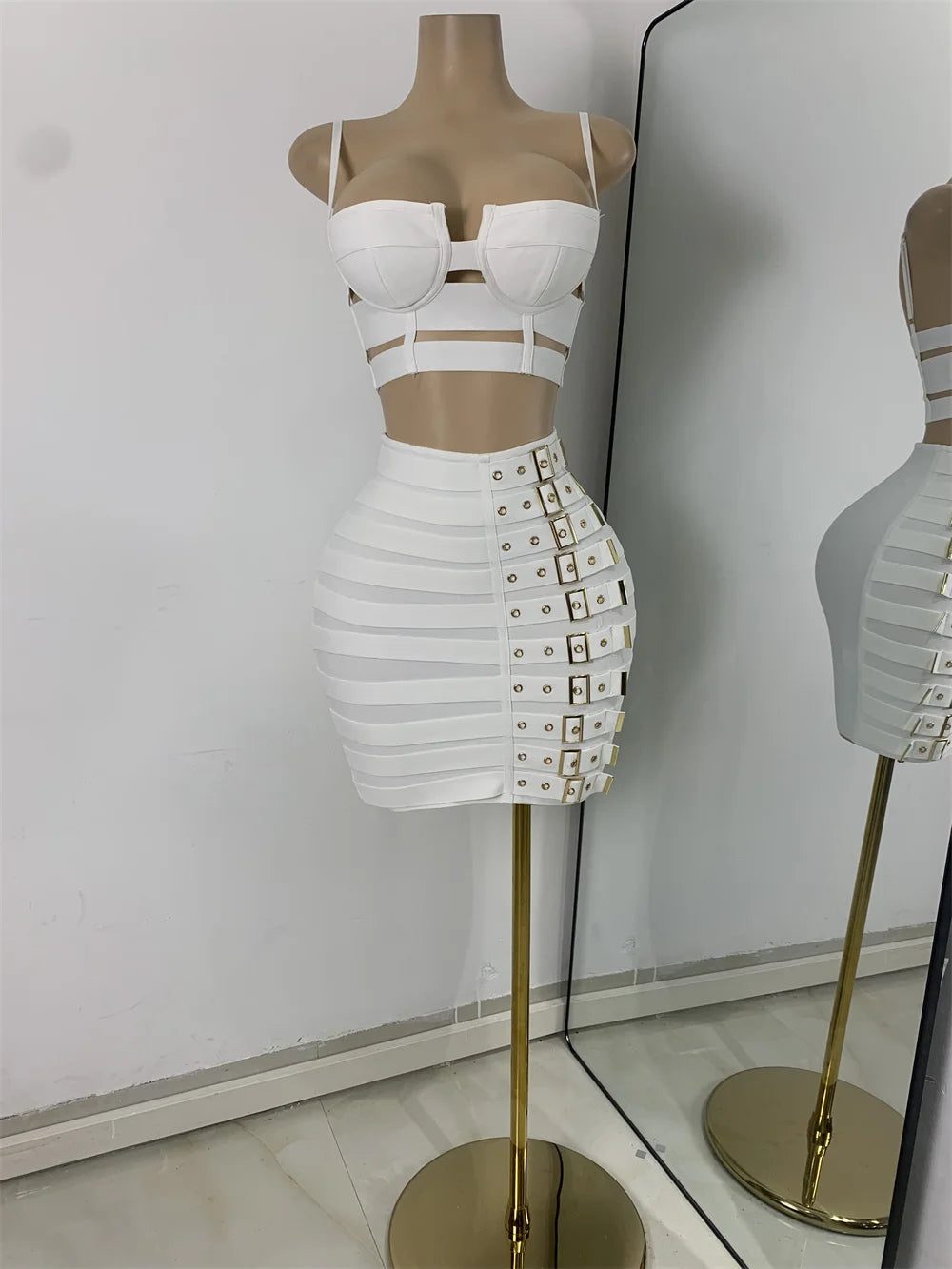 Women's Glitter Crop Top Short Skirt Bandage Sets Nightclub Performance Outfit Two Pieces Party Birthday Clothing