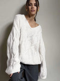 Women's Cable Knit Sweater V Neck Long Sleeve Oversized Loose Chunky Twist Pullover Tops Casual Autumn Retro Commute Top