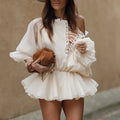 Solid Spliced Lace Up Mini Dresses for Women Slash Neck Long Sleeve High Waist Temperament Dress Female