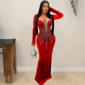 2026 High Quality New Design Dress Solid Rhinestones O-neck Long Sleeve Sexy Celebrity Party Maxi Dress Velvet Vestidos