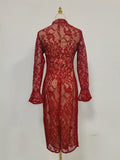 Solid Slimming Spliced Lace Fashion Dresses for Women Round Neck Long Sleeves Patchwork Hollow Out Dress Female New