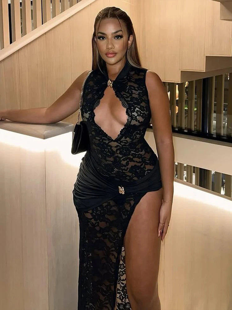 Sexy Solid Dress Women 2025 Summer Sleeveless Lace High Stretch Midnight club Asymmetrical Graphics Metal Knot Slit