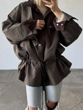 Retro Drew-string Jackets Women's Loose Full Sleeves Buttons Zipper Pockets Lapel Coats 2026 New Ladies Autumn Solid Outwear