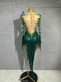 Sexy Green Rhinestone Mesh skirt HighNeck Long Sleeve Sheer Tassel Outfit Women Cocktail  Costume Stage Performance Show Party