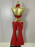 Luxury Rhinestone Red Sexy Cut Out Two Piece Pants Bandage Set 2026 Women Celebrity Designer Fashion Women's Set Stage Outfit