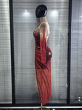 Heavy Red Sparkly Crystal one shoulder Split Dress Sexy mesh see Transparent Birthday party latin outfit Celebrate show Designer