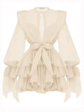 Fashion Women Ruffles Short Dress Elegant O-Neck Lace Up Lantern Long Sleeve Mini Vestido Chic Female 2025 Solid Dresses