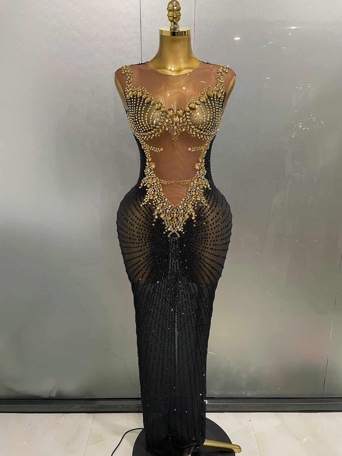 Sexy Sparkly Diamonds Sleeveless See-Through Long Dress Women Birthday Celebrate Evening Party Photo Shoot Stage Costume
