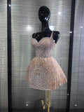 Luxury Women Sexy Strap Shining Rhinestones A-Line Mini Mesh Dress Cute Showgirl Performance Costumes TV Show Stage Wear