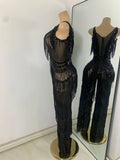 Sparkly Diamonds Sequins Fringes Luxury Jumpsuit Gold Sleeveless Mesh Performance Dance Costume Nightclub Singer Stage Rompers