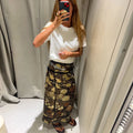 Bow Tie Neck Women Floral Print Set Long Puff Sleeve Cuff Trim Loose Blouse Vibrant Ethnic Midi Skirt Straight Hem Street Daily